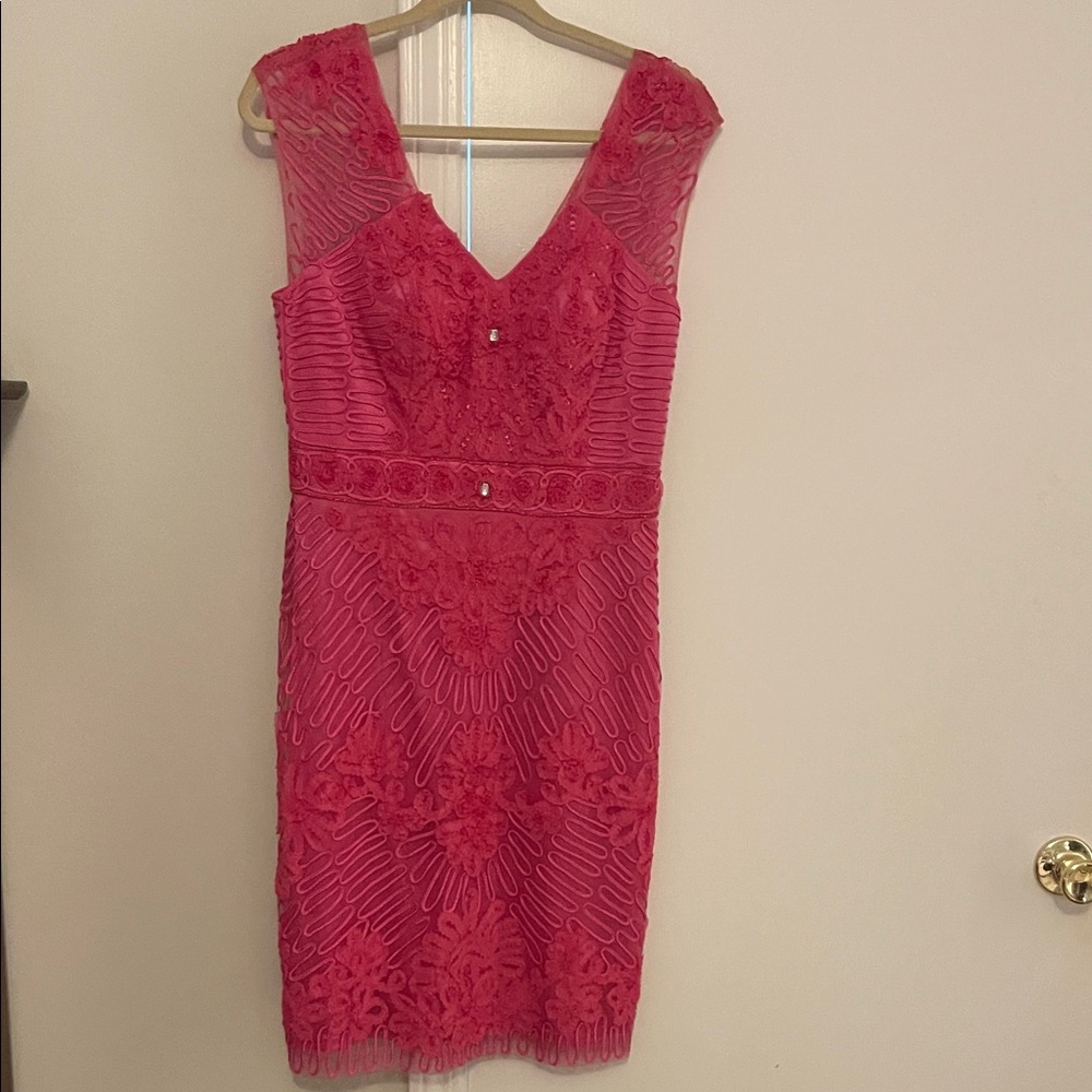 Sue Wong Vibrant Pink Floral Lace Midi Dress
